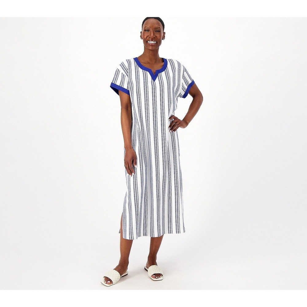 Stan Herman The Hamptons 100% Cotton V-Neck Caftan Beach XL Blue Striped Pockets